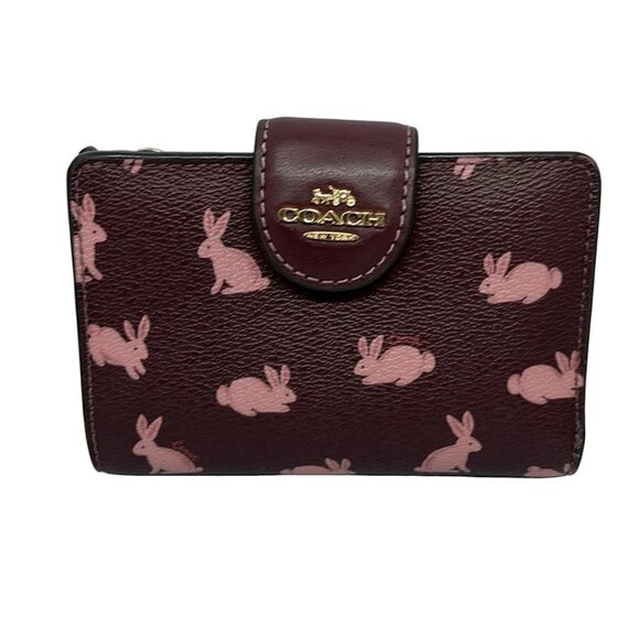 Auth COACH Lunar New Year Medium Corner Zip Wallet Rabbit Print CF526 Bordeaux - Picture 2 of 6